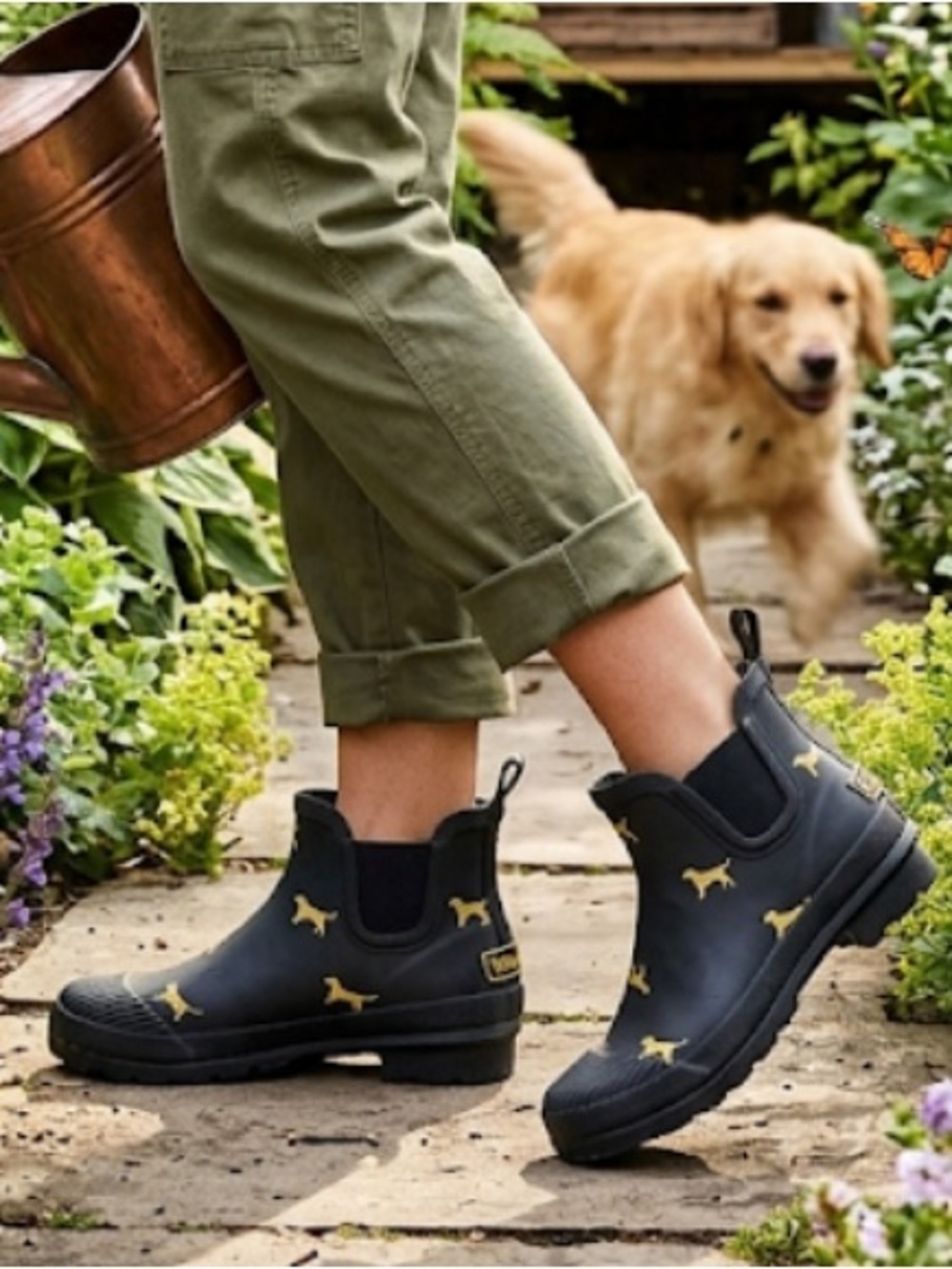Wind River Black Rubber Rain Ankle Booties Golden Retriever Print Size 8